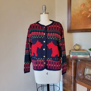 Tally Ho Women's Scotty Dog Novelty Sweater Cardigan - Navy and Red Small